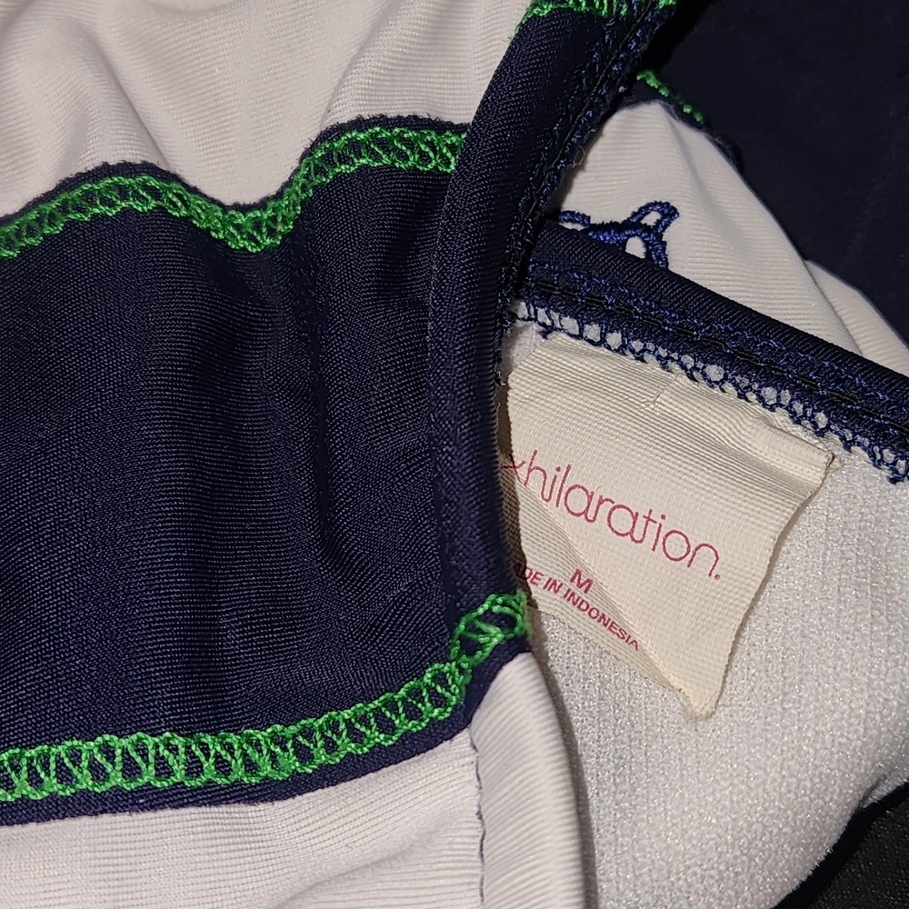 Navy & White Striped Triangle Bikini with Green Stitching - Picture 6 of 8